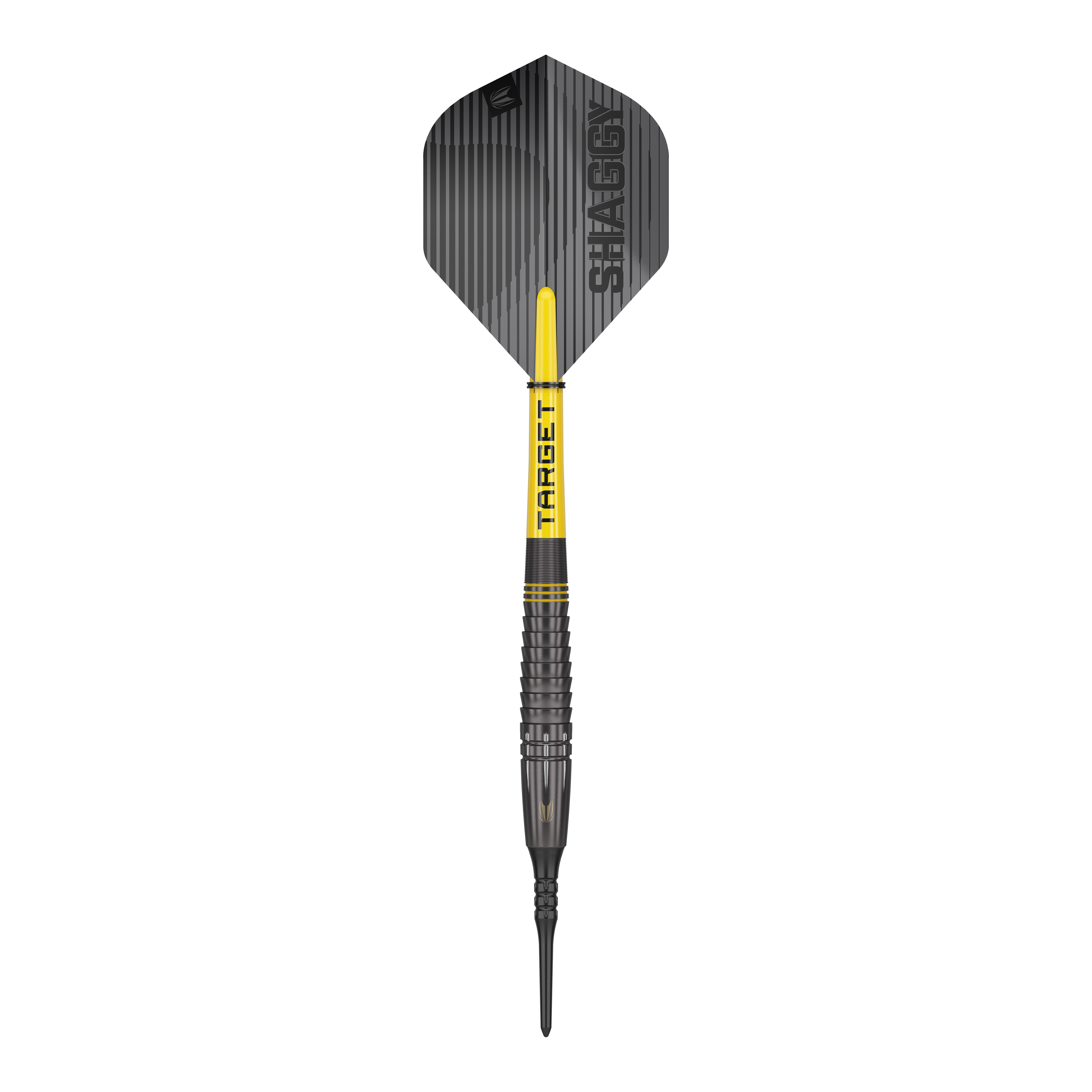 Target Scott Williams Shaggy Black Soft Darts - 20g Dies ist ein Softdart namens "Target Scott Williams Shaggy Black Softdarts - 20g". Der Dart ist überwiegend schwarz mit gelben Akzenten und hat den Schriftzug "SHAGGY" auf der Flight.