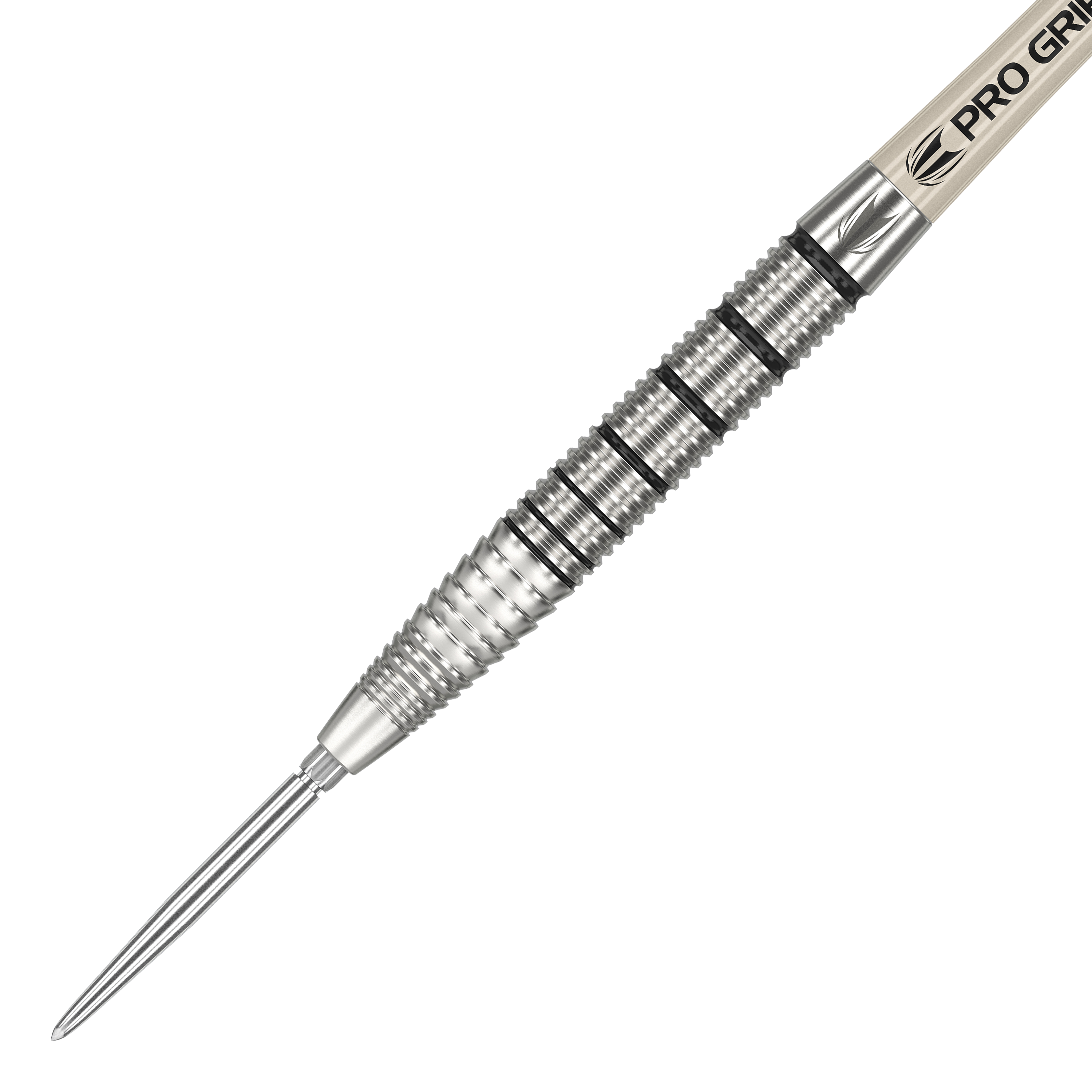 Target EXO SP02 Swiss Point steel darts Das Bild zeigt einen Target EXO SP02 Swiss Point Steeldart. Der Dart ist silberfarben und hat eine fein gerillte Griffzone für besseren Halt.