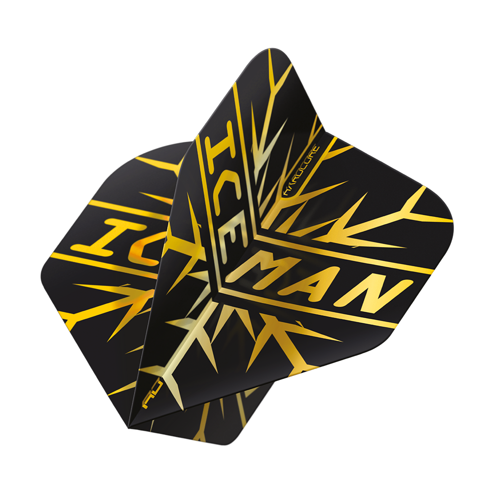 Das Bild zeigt das Produkt "Red Dragon Gerwyn Price Hardcore Flight Set". Die Flights sind schwarz mit einem goldenen Muster und dem Schriftzug "ICEMAN".