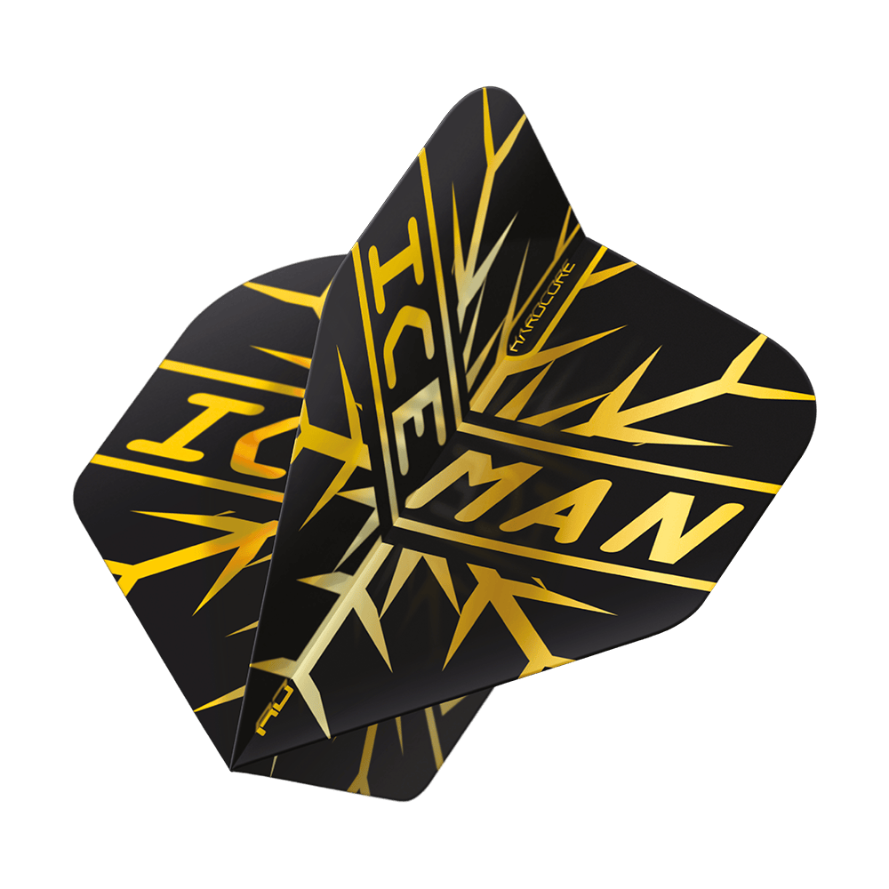 X0808_Red_Dragon_Gerwyn_Price_Hardcore_Flight_Set_3 Das Bild zeigt das Produkt "Red Dragon Gerwyn Price Hardcore Flight Set". Die Flights sind schwarz mit einem goldenen Muster und dem Schriftzug "ICEMAN".