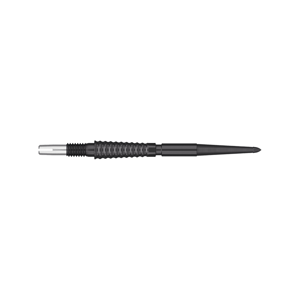 Target Swiss Storm LNC dart tips - Black Das Bild zeigt eine schwarze Dartspitze mit einer geriffelten Oberfläche. Sie ist schlank und etwa 30 mm lang.