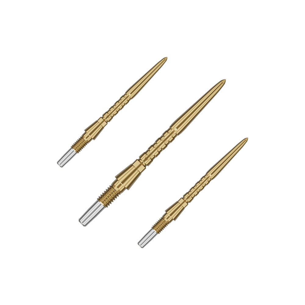 Target Swiss Point Storm Surge steel dart tips - gold Auf dem Bild sind drei goldene Steeldartspitzen zu sehen. Sie haben ein schlankes, geriffeltes Design mit einem silbernen Schraubgewinde am Ende.