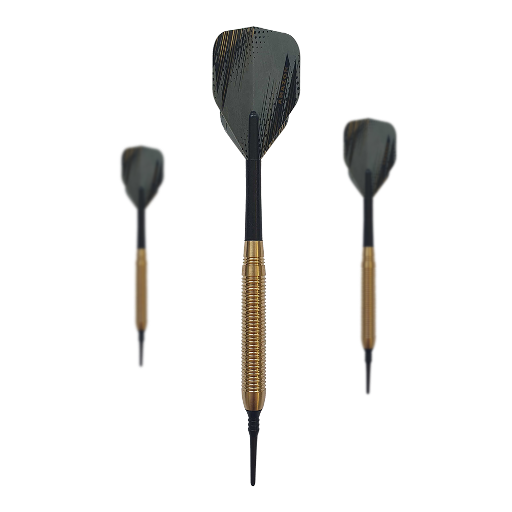 Grey One Golden Softdarts - 18g Das Bild zeigt drei Grey One Golden Softdarts mit einem Gewicht von 18g. Die Darts haben goldene Griffe und schwarze Spitzen sowie schwarze Flights.