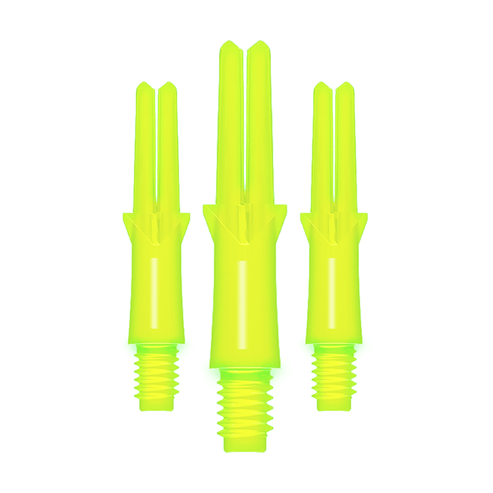 L-L-Style-Shafts Locked Straight - Neon Yellow Das Bild zeigt drei neon-gelbe, gerade Dart-Schäfte mit Gewinde. Sie sind unterschiedlich lang und stehen nebeneinander aufrecht.