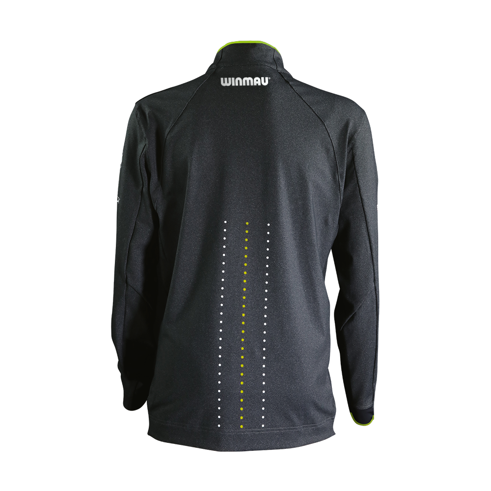 8409_Winmau_Michael_Van_Gerwen_Alpine_Top_Longsleeve_2_NEU Das Bild zeigt das Winmau Michael Van Gerwen Alpine Dart Top Longsleeve von hinten. Das Oberteil ist schwarz mit weißen und grünen Punktlinien sowie dem "Winmau"-Logo am oberen Rücken.