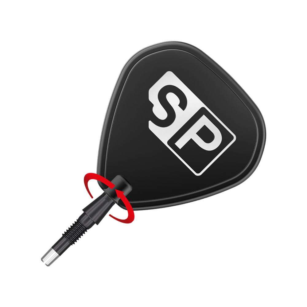 340059_Target_Swiss_Storm_Point_Dartspitzen_Schwarz_3_SP Das Bild zeigt die Spitze eines schwarzen Dartpfeils mit der Aufschrift "SP" auf der Flight. Der Dartpfeil liegt auf einem roten und grauen Hintergrund.