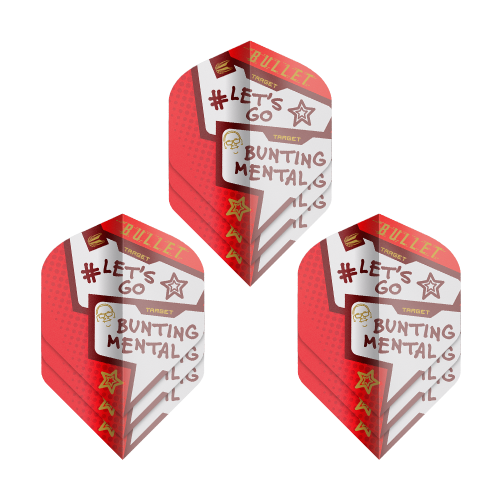 Das Bild zeigt drei Sets der Target Pro Ultra Stephen Bunting Mental No2 Standard Flights. Die Flights sind überwiegend rot und weiß gestaltet und tragen die Aufschrift "#LET'S GO BUNTING MENTAL".