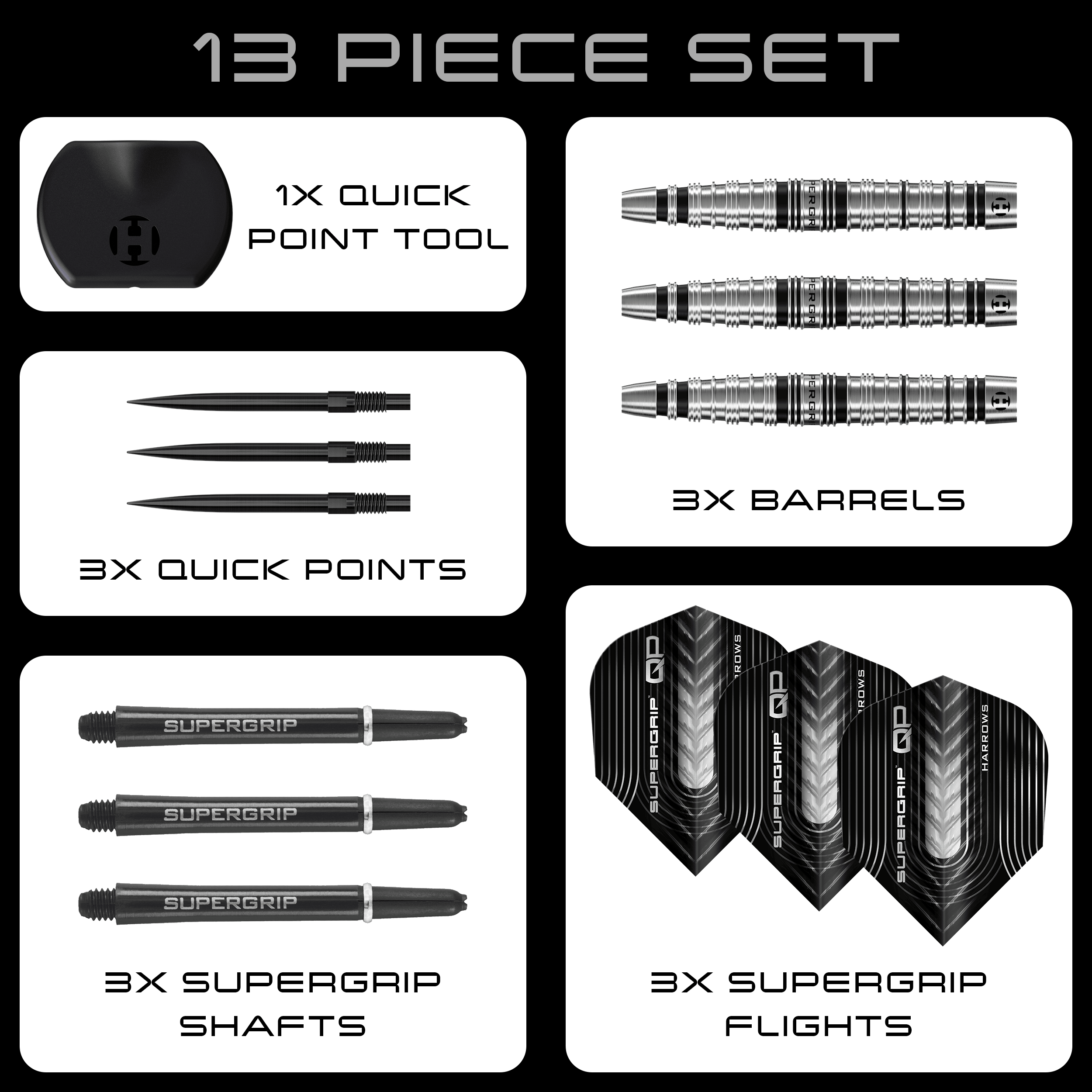 Harrows Supergrip Torpedo Quick Point Steel Darts Harrows Supergrip Torpedo Quick Point Steeldarts sind auf dem Bild zu sehen. Eine Detailansicht hebt den Produktbereich hervor.