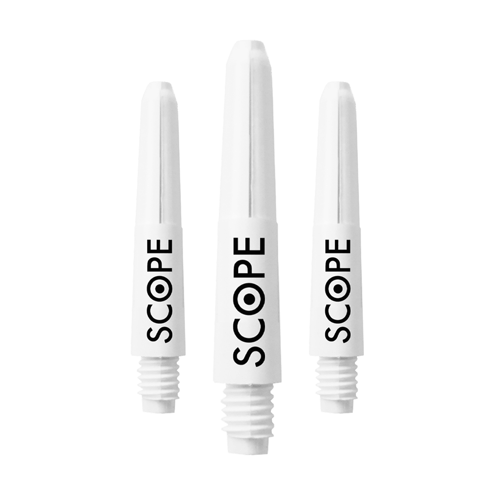 Das Bild zeigt drei weiße McDart Scope Nylon Shafts. Auf jedem Schaft steht das Wort "SCOPE" in schwarzer Schrift.