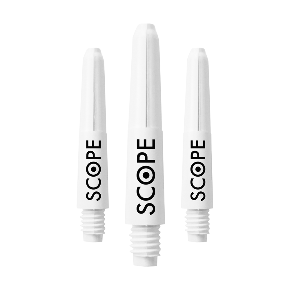 524_McDart_Scope_Nylon_Shafts_Weiss_28mm_1rvy8qKcb0ZkGV Das Bild zeigt drei weiße McDart Scope Nylon Shafts. Auf jedem Schaft steht das Wort "SCOPE" in schwarzer Schrift.