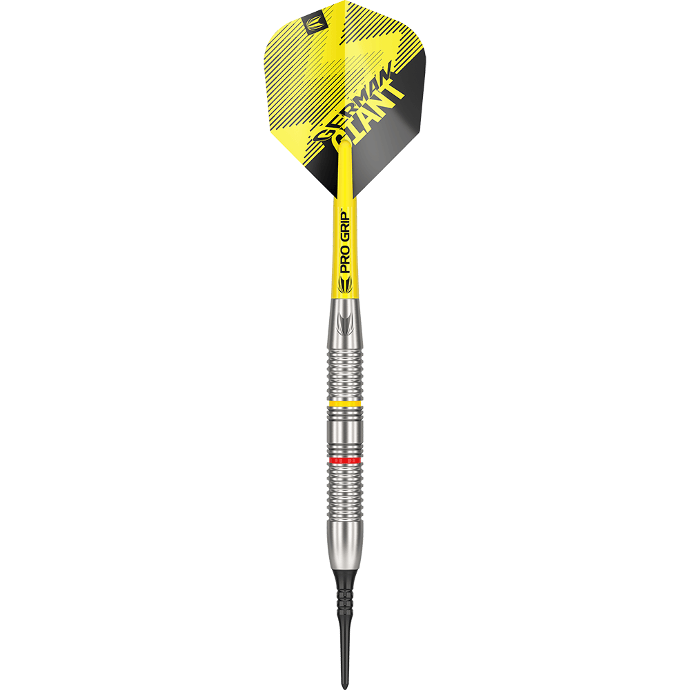 170006_Target_Gabriel_Clemens_Brass_Softdarts_1SOBSzc9ShIOYp Auf dem Bild ist ein Target Gabriel Clemens Brass Softdart mit einem Gewicht von 18g zu sehen. Der Dart hat gelbe und schwarze Akzente und eine silberne Griffzone.