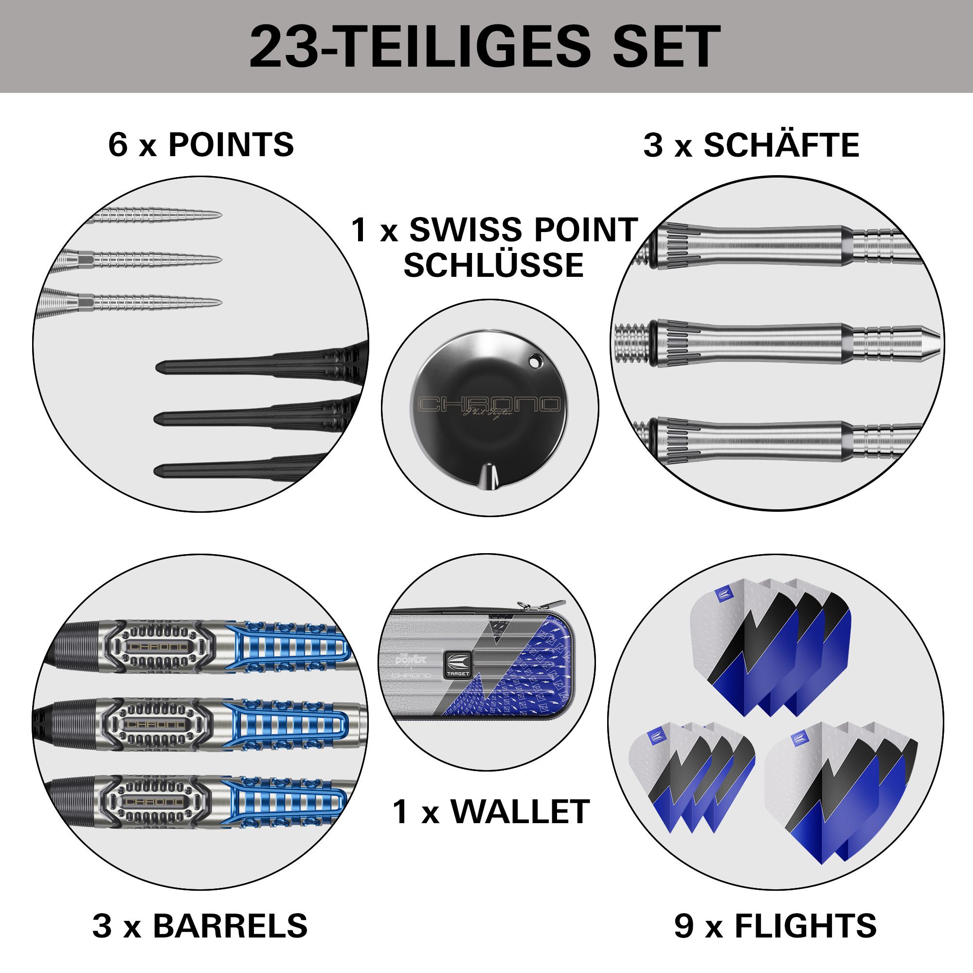 Target Phil Taylor Power X Chrono soft darts Das Produkt Target Phil Taylor Power X Chrono Softdarts ist dargestellt. Es handelt sich um Softdarts mit auffälligem Aussehen.
