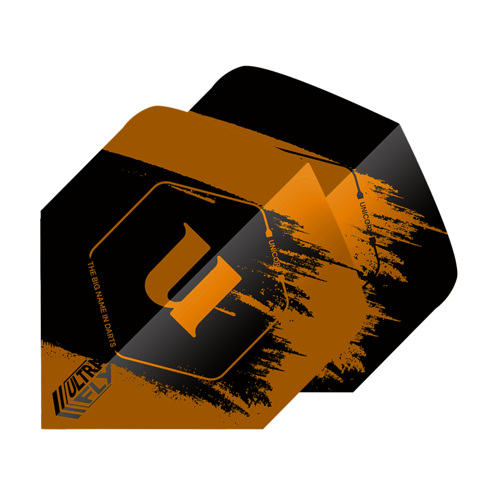 Unicorn Ultrafly 100 Team Unicorn Big Wing Flights - Orange Das Bild zeigt die "Unicorn Ultrafly 100 Team Unicorn Big Wing Flights" in Orange. Die Flights haben ein auffälliges schwarzes und orangefarbenes Design mit dem Buchstaben "u" in der Mitte.