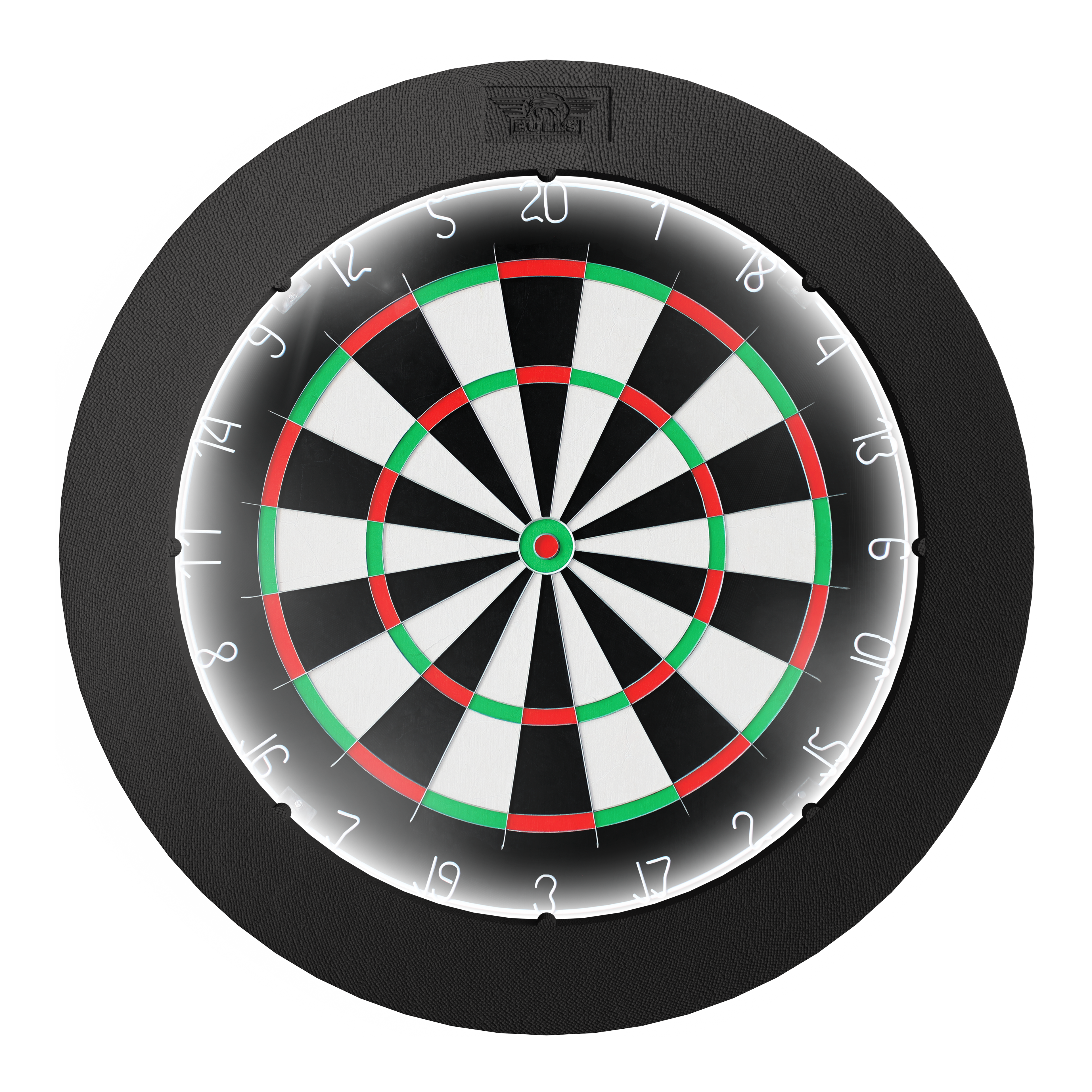 Bulls NL Lumo Light Surround lighting system Das Bild zeigt das Produkt "Bulls NL Lumo Light Surround Beleuchtungssystem", das eine Dartscheibe mit integriertem LED-Licht darstellt. Die Beleuchtung sorgt für eine optimale Ausleuchtung des Spielfelds.