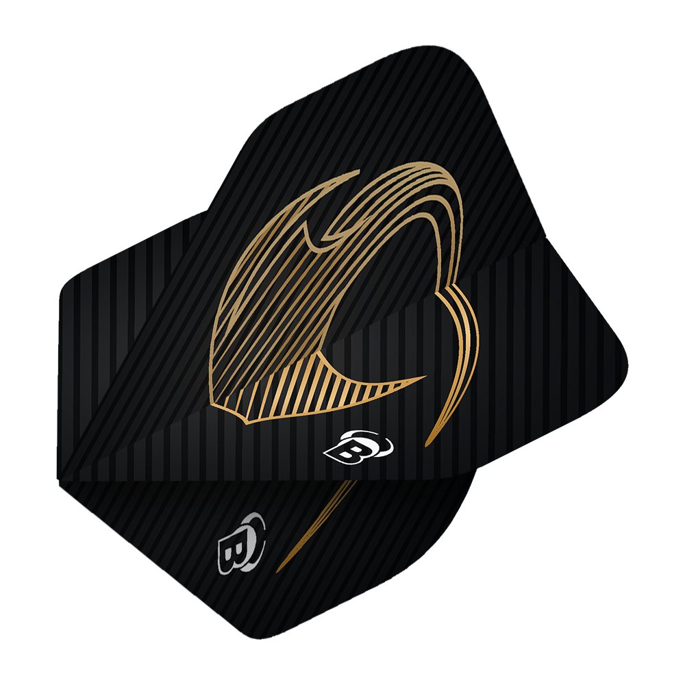 Bulls Metrixx Stingray No2 Standard Flights Das Bild zeigt ein Bulls Metrixx Stingray No2 Standard Flight. Es ist schwarz mit goldenen Linien und einem stilisierten Design.