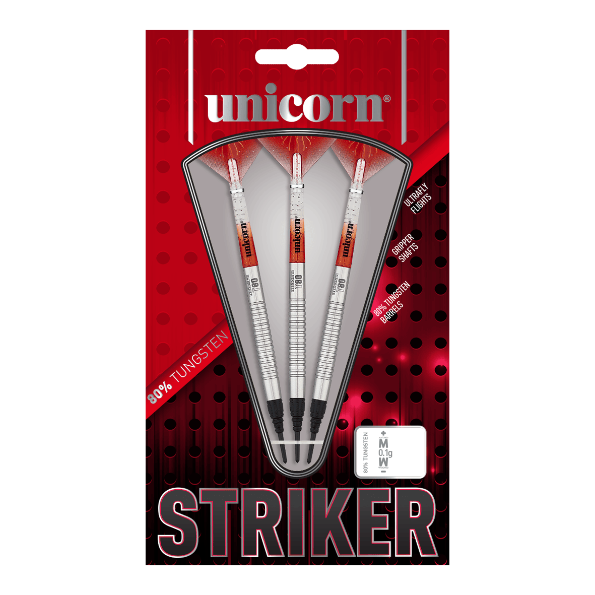 Das Bild zeigt eine Packung der "Unicorn Core XL Striker Style 1 Softdarts - 19g". In der Verpackung befinden sich drei silberfarbene Softdarts mit roten und weißen Details.