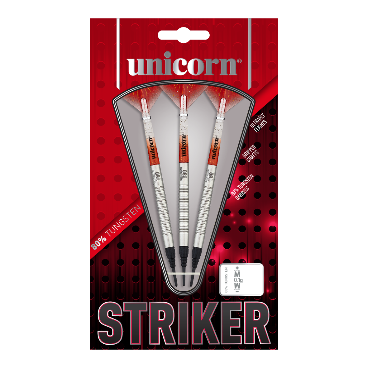 Unicorn Core XL Striker Style 1 Soft Darts - 19g Das Bild zeigt eine Packung der "Unicorn Core XL Striker Style 1 Softdarts - 19g". In der Verpackung befinden sich drei silberfarbene Softdarts mit roten und weißen Details.
