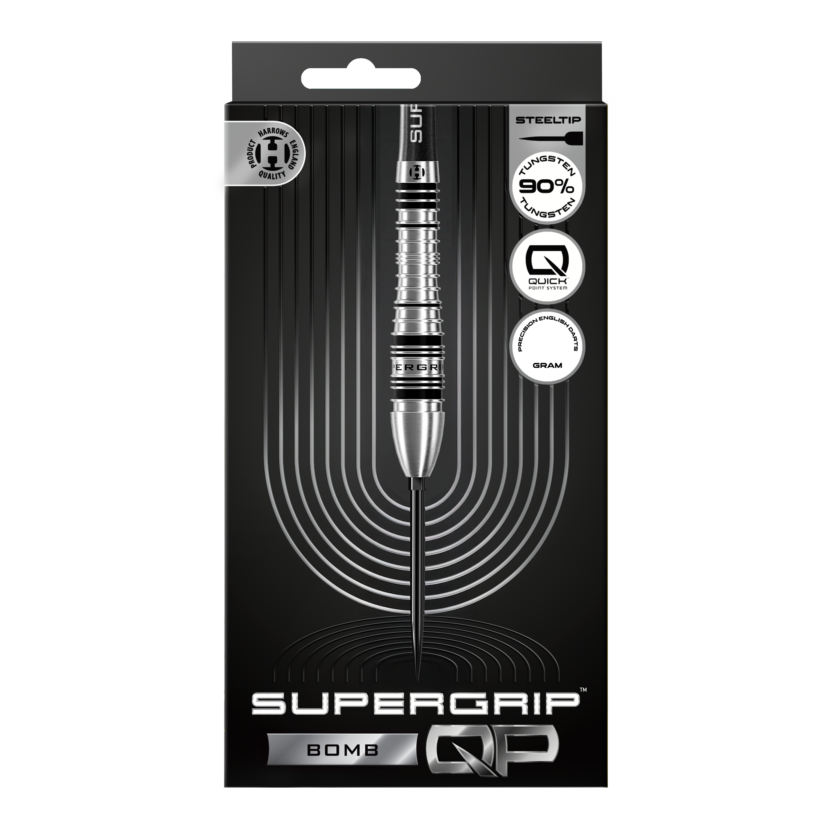 Gezeigt werden die Harrows Supergrip Bomb Quick Point Steeldarts. Das Produkt bietet hohe Kontrolle und Stabilität beim Wurf.