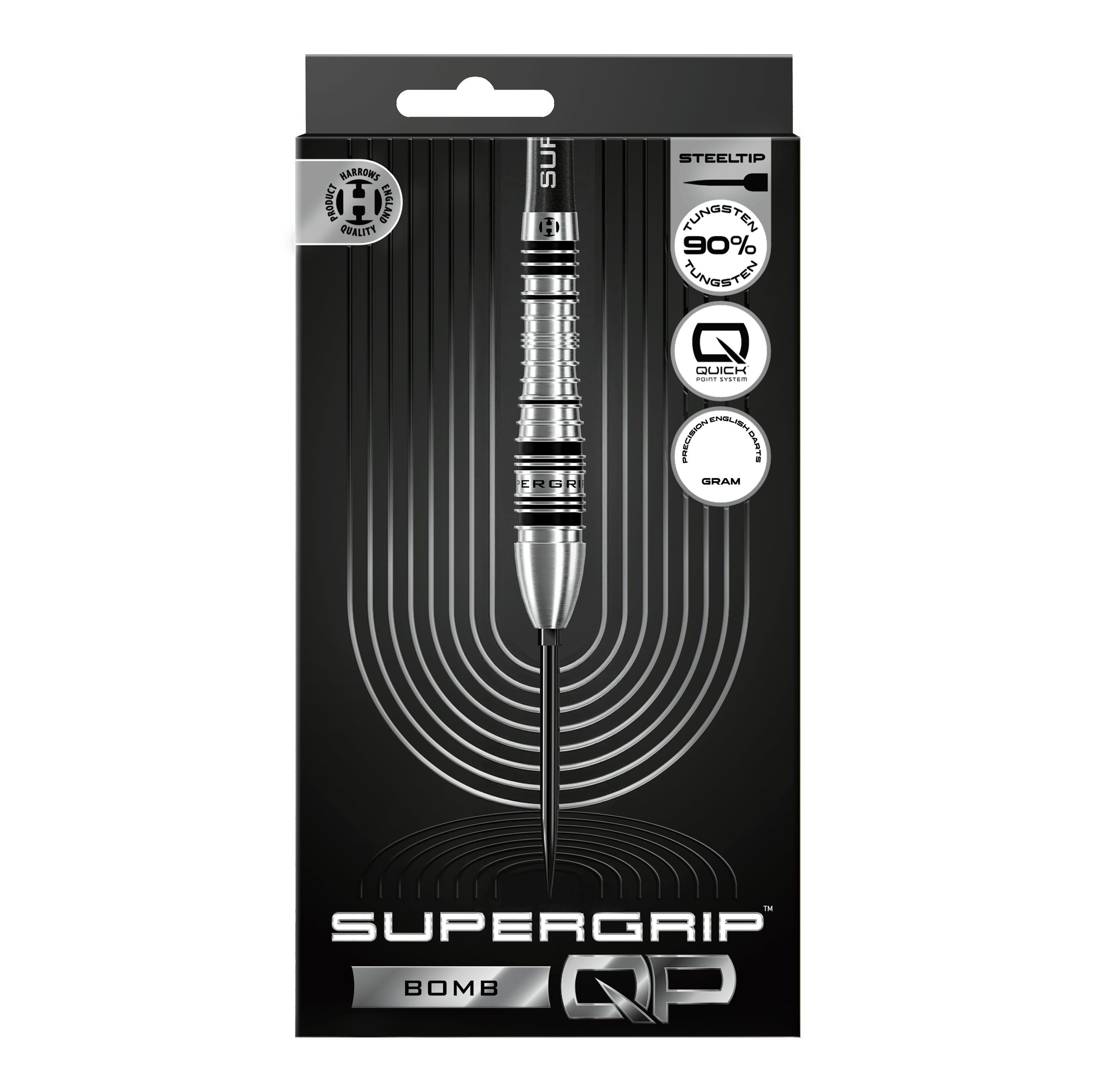 Harrows Supergrip Bomb Quick Point Steel Darts Gezeigt werden die Harrows Supergrip Bomb Quick Point Steeldarts. Das Produkt bietet hohe Kontrolle und Stabilität beim Wurf.