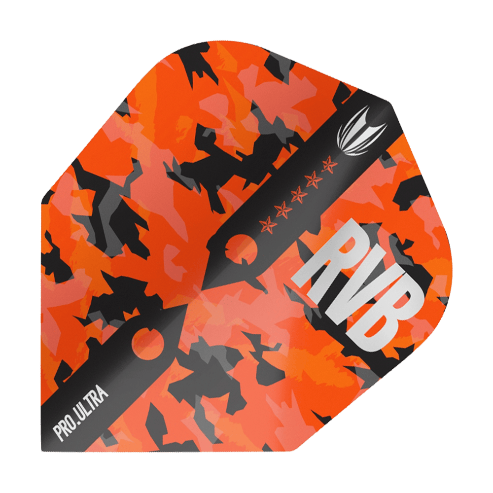 TG66_334410_Target_ProUltra_Barney_Army_Camo_Ten-X_Flights_1LjIh5pcKeUFZq Das Bild zeigt das Produkt "Target ProUltra Barney Army Camo Ten-X Flights". Das Flight ist in einem orange-schwarzen Camouflage-Muster mit den Aufschriften "RVB" und "Pro.Ultra" gestaltet.