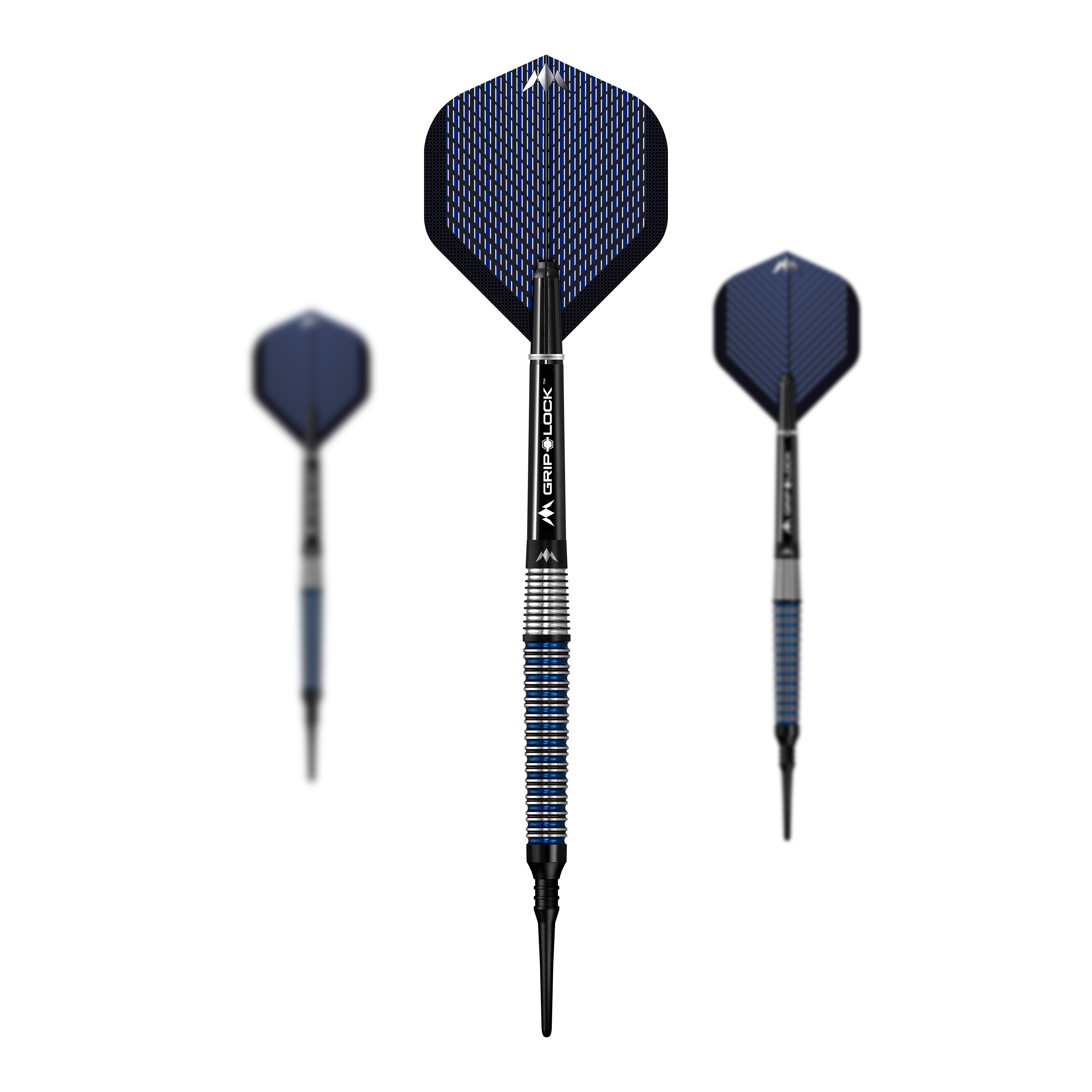 Mission Nightfall Model 3 Soft Darts - 20g Das Bild zeigt drei Softdarts des Modells "Mission Nightfall Model 3" mit einem Gewicht von 20g. Die Darts haben blaue Flights und einen silber-blauen Schaft mit gezacktem Griff.