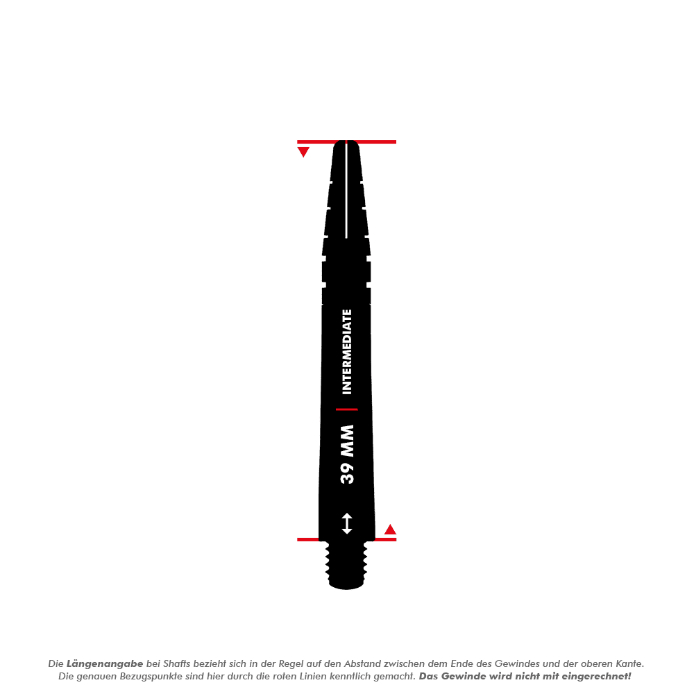 Das Bild zeigt einen schwarzen Red Dragon Nitrotech Peter Wright Shaft mit einer Länge von 39 mm. Die Länge wird von der Oberkante bis zum Ende des Gewindes ohne das Gewinde gemessen.