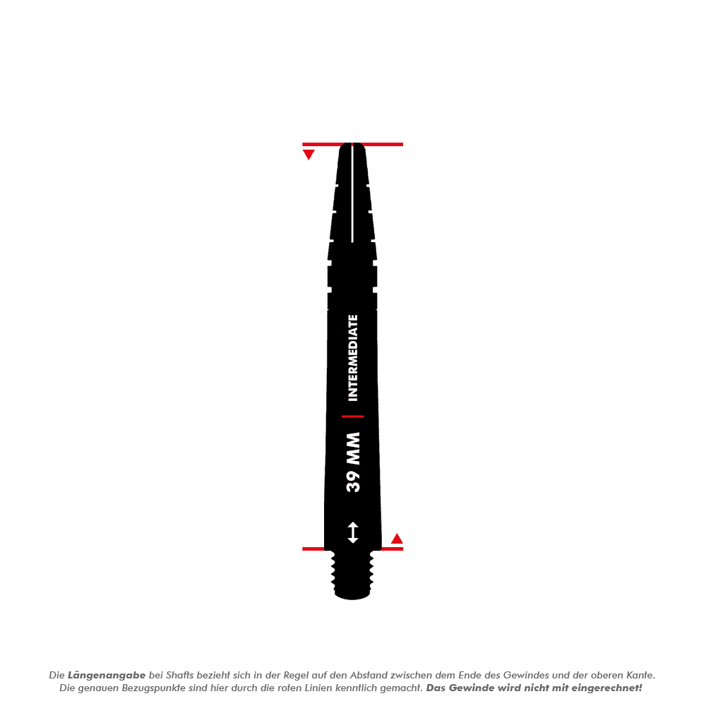 C798_Red_Dragon_Nitrotech_Peter_Wright_Shafts_Schwarz_5_39mm Das Bild zeigt einen schwarzen Red Dragon Nitrotech Peter Wright Shaft mit einer Länge von 39 mm. Die Länge wird von der Oberkante bis zum Ende des Gewindes ohne das Gewinde gemessen.