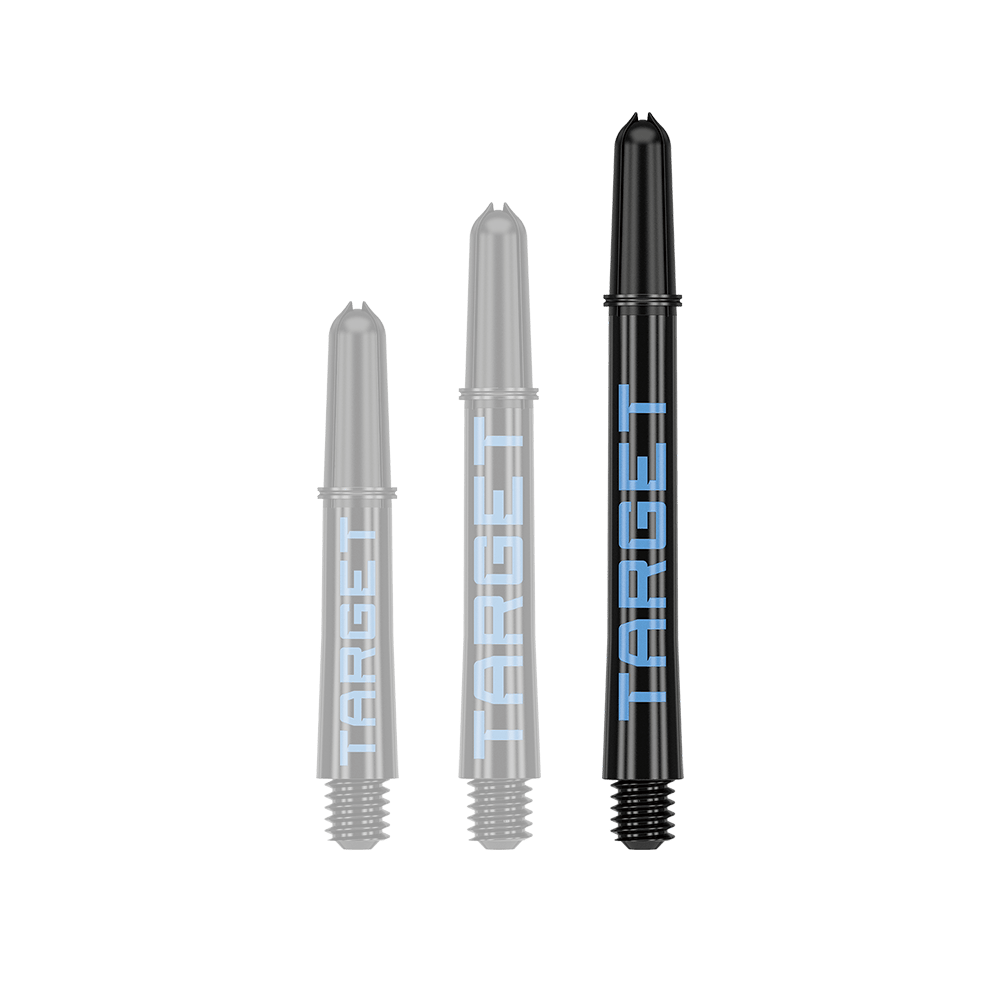 Target Pro Grip TAG Shafts - 3 Sets - Black Blue Auf dem Bild sind drei schwarze Dart-Schäfte in verschiedenen Längen zu sehen. Auf jedem Schaft steht das Wort "TARGET" in blauer Schrift.