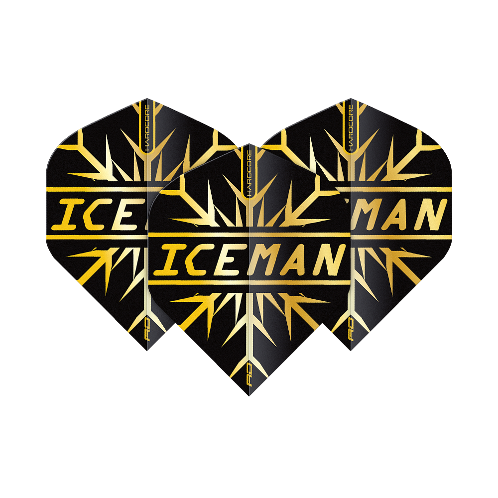 TF6844_Red_Dragon_Hardcore_Gerwyn_Price_Gold_Snowflake_Standard_Flights_1NbTZbdwTX9EOP Das Bild zeigt drei schwarze Dart-Flights mit goldenen Schneeflocken-Designs. In der Mitte steht in goldener Schrift das Wort "ICEMAN".