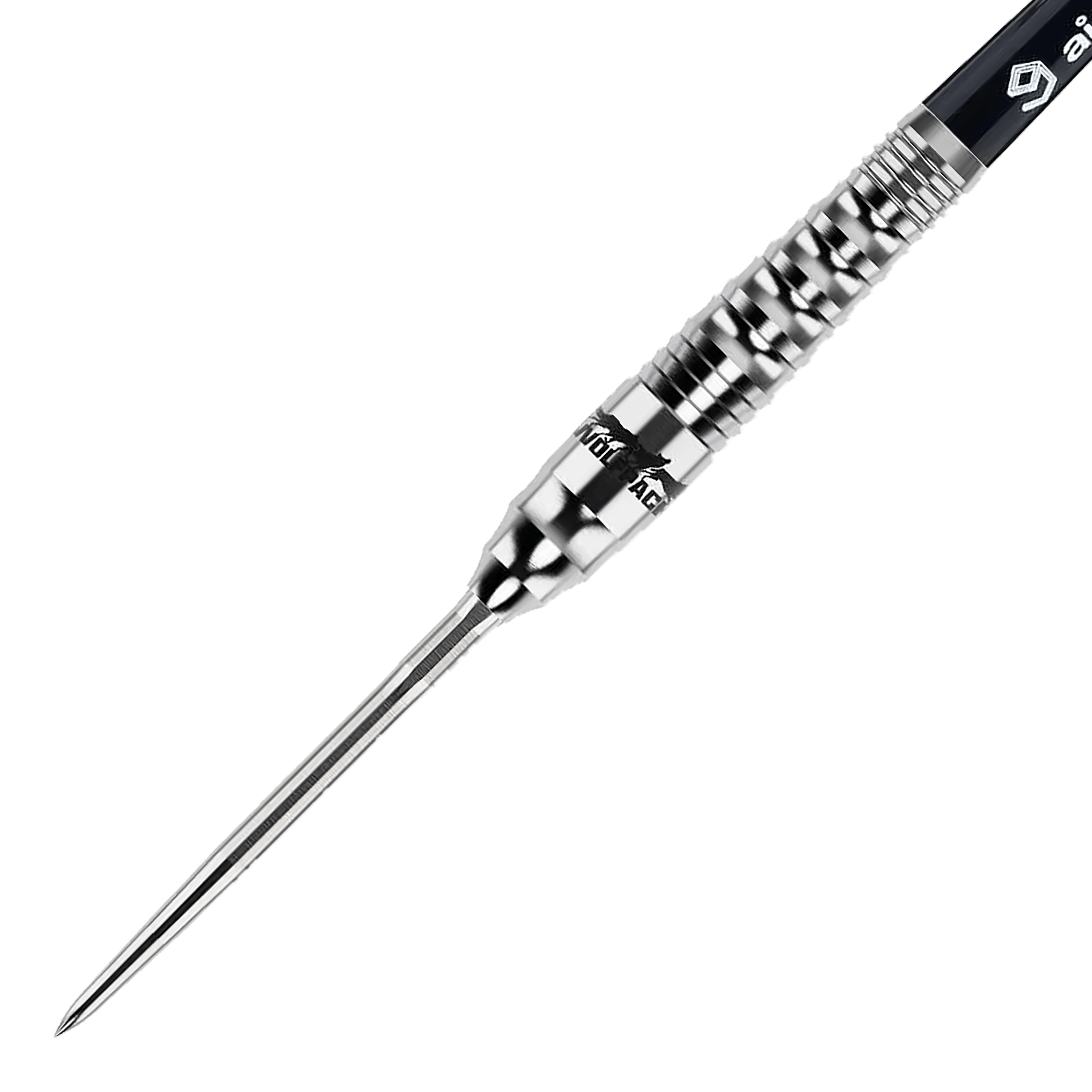 Caliburn Wolfpack W3 Steeldarts - 21g Das Bild zeigt einen Caliburn Wolfpack W3 Steeldart mit einem Gewicht von 21 Gramm. Der Dartpfeil ist silberfarben und hat eine strukturierte Griffzone für besseren Halt.