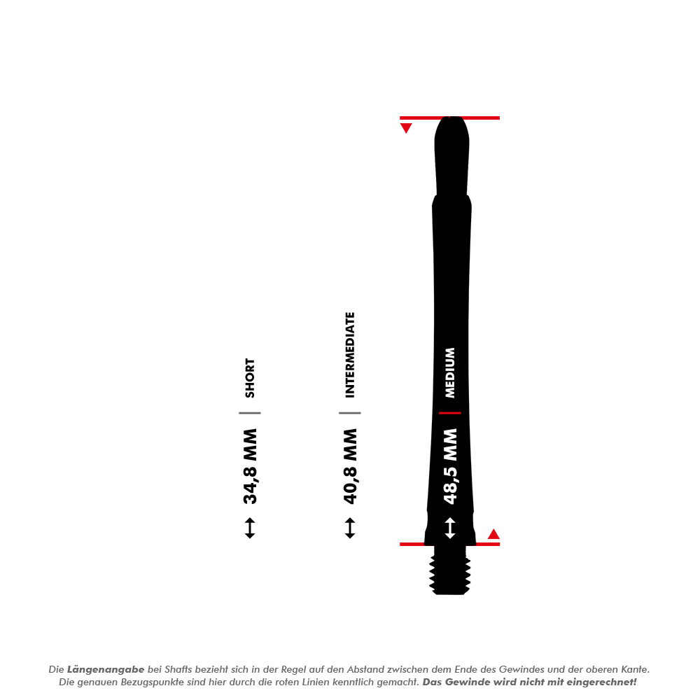 Das Bild zeigt drei verschieden lange Target Grip Style Aluminium Shafts in Rot. Die Längen sind als Short (34,5 mm), Intermediate (42,2 mm) und Medium (48,5 mm) dargestellt.