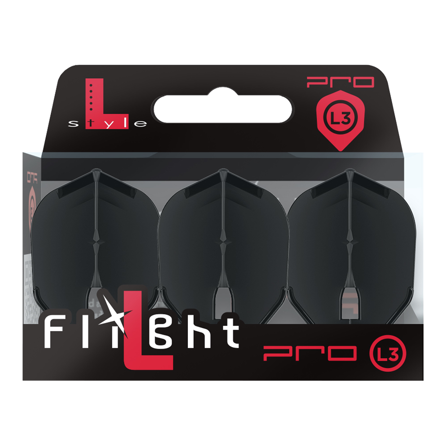 L-Style Flights Champagne - L3PRO Shape Auf dem Bild ist eine Verpackung mit drei schwarzen Dart-Flights der Marke L-Style zu sehen. Die Packung trägt die Bezeichnung „L3 PRO“ und ist modern gestaltet.