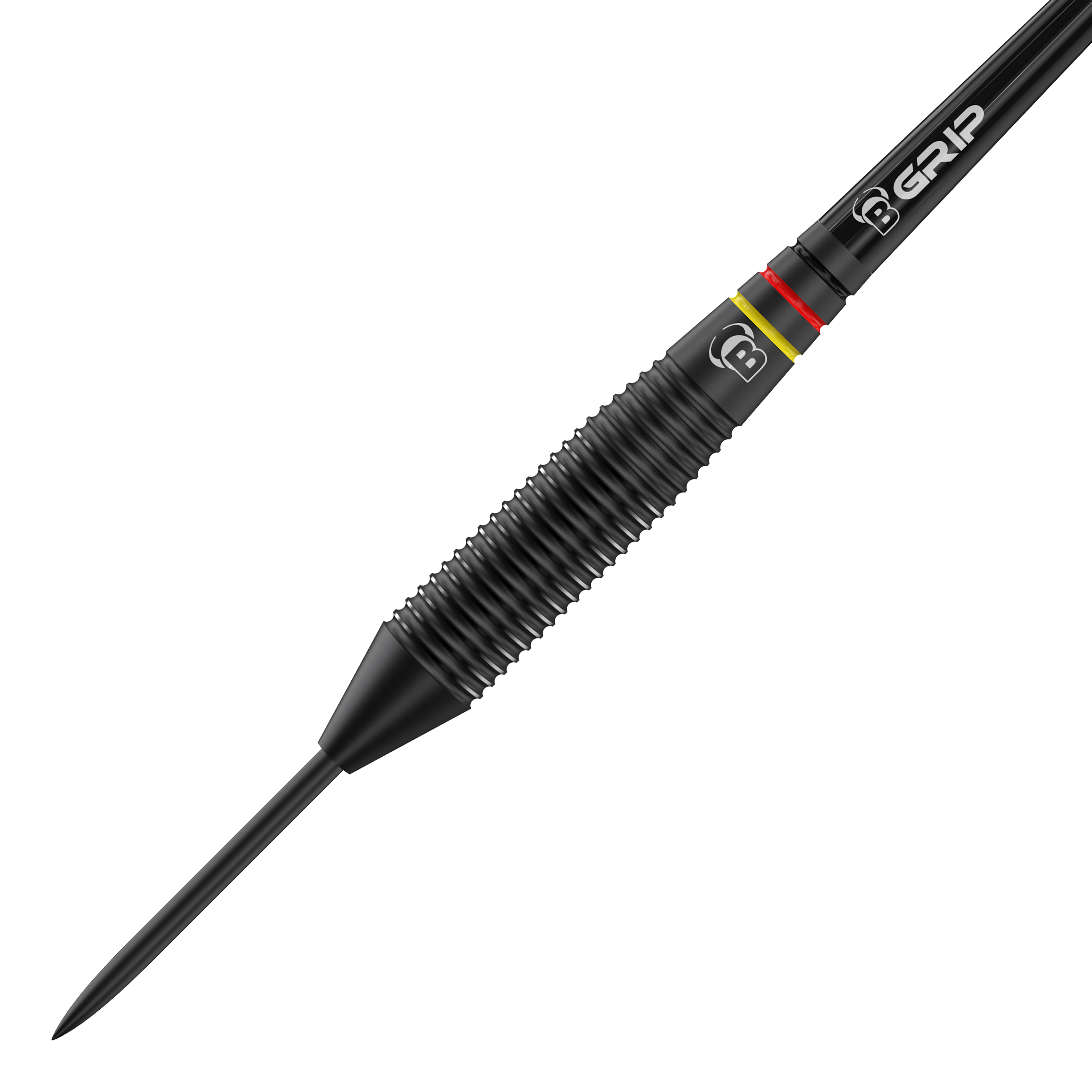 Bulls Martin Schindler The Wall Black Brass Steeldarts Das Bild zeigt einen schwarzen Steeldart aus der Produktreihe "Bulls Martin Schindler The Wall Black Brass Steeldarts". Der Dartpfeil hat ein geriffeltes Griffstück und farbige Ringe nahe dem Übergang zur Schaftaufnahme.