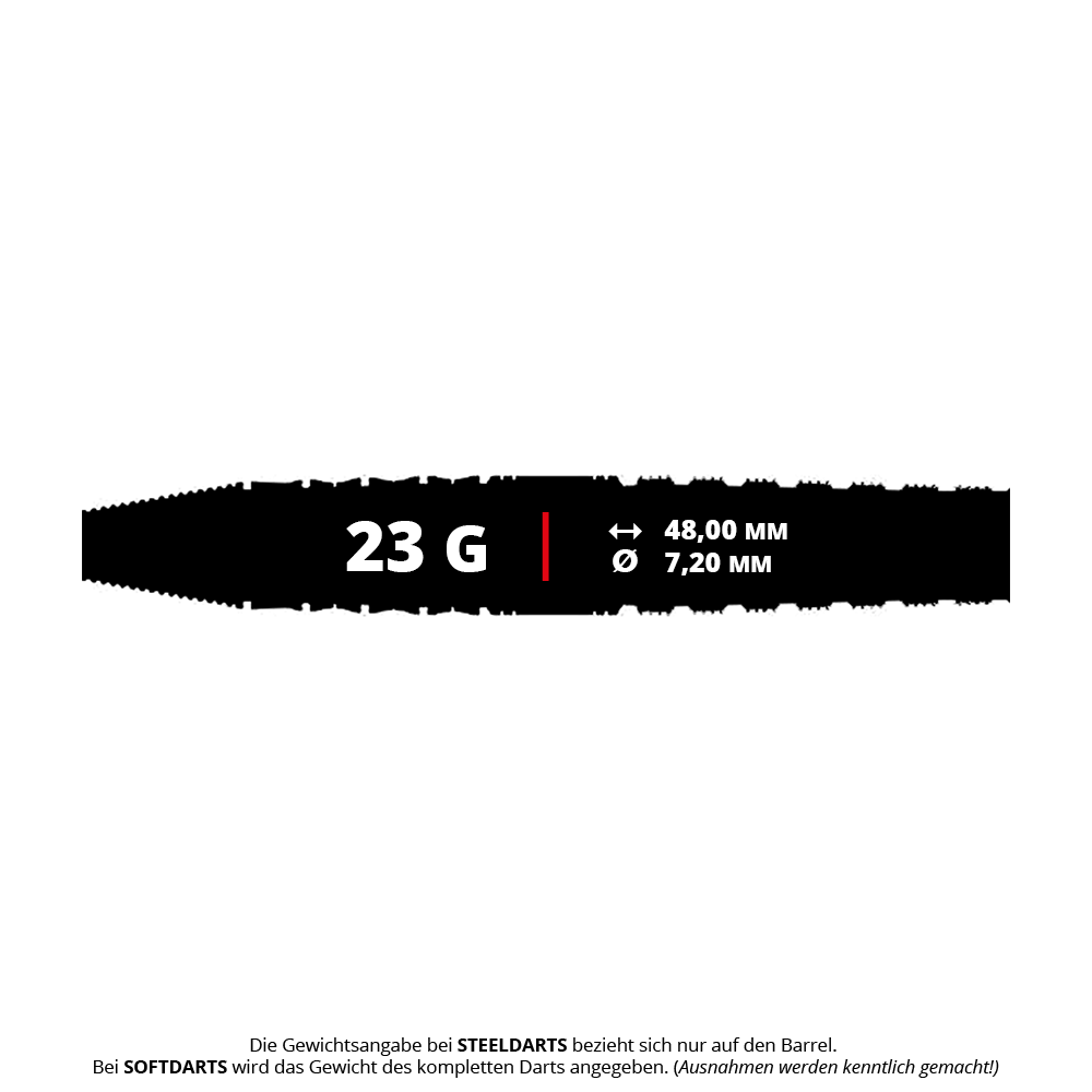 Caliburn Player The Pandaman Advanced Steeldarts - 23g Das Bild zeigt die Produktinformationen zu "Caliburn Player The Pandaman Advanced Steeldarts - 23g". Der Dart wiegt 23 Gramm, ist 48,00 mm lang und hat einen Durchmesser von 7,20 mm.