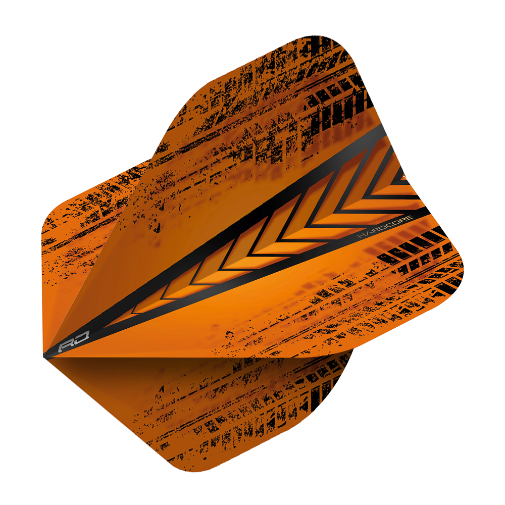 Dieses Bild zeigt einen orangenen Dart-Flügel mit schwarzen, diagonalen Mustern und einem Pfeil-Design in der Mitte. Das Produkt heißt "Red Dragon Hardcore Radical Orange Standard Flights".