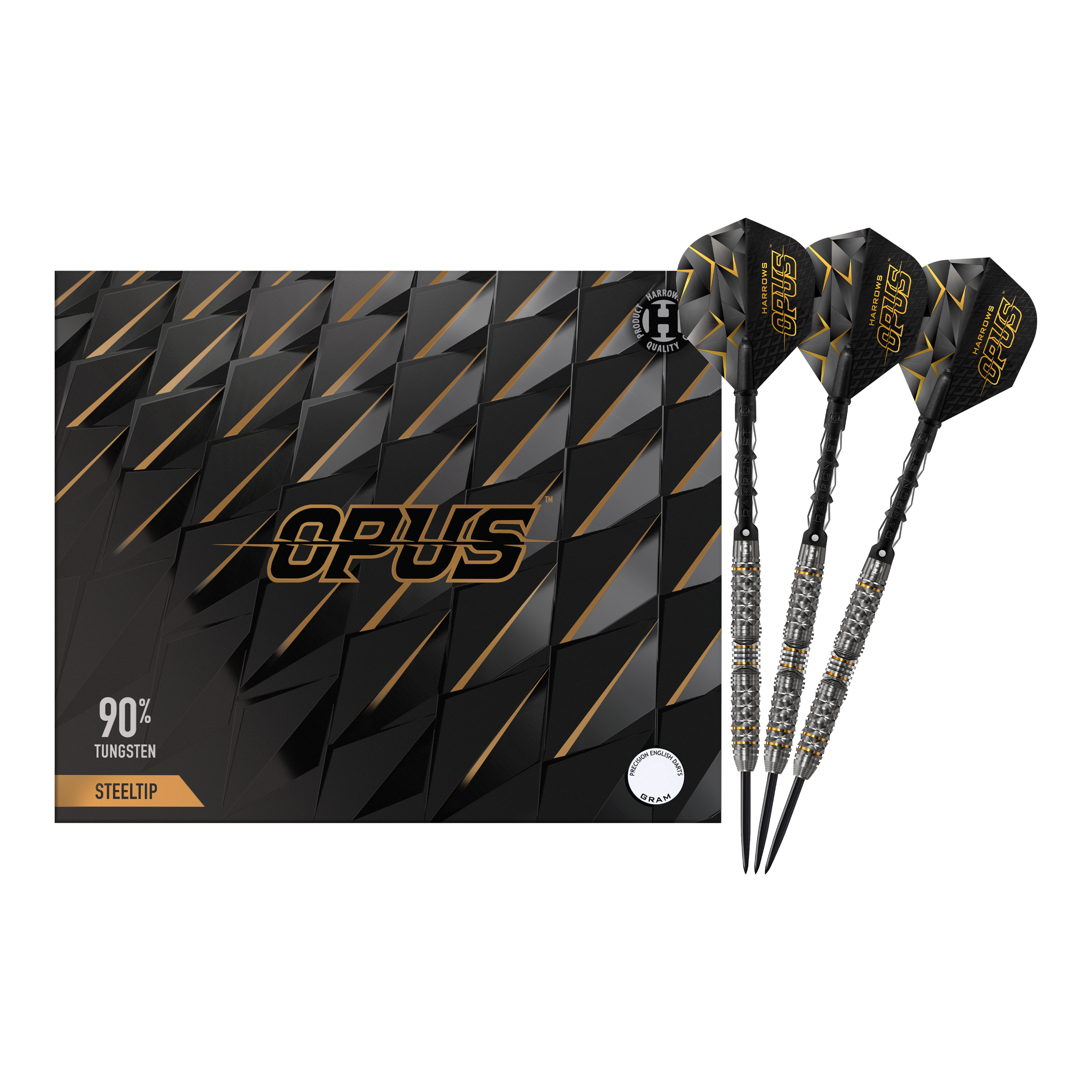 Harrows Opus Steeldarts Das Bild zeigt das Produkt "Harrows Opus Steeldarts" mit einem eleganten schwarzen Design. Drei Steeldarts sind neben der stilvollen Verpackung abgebildet.