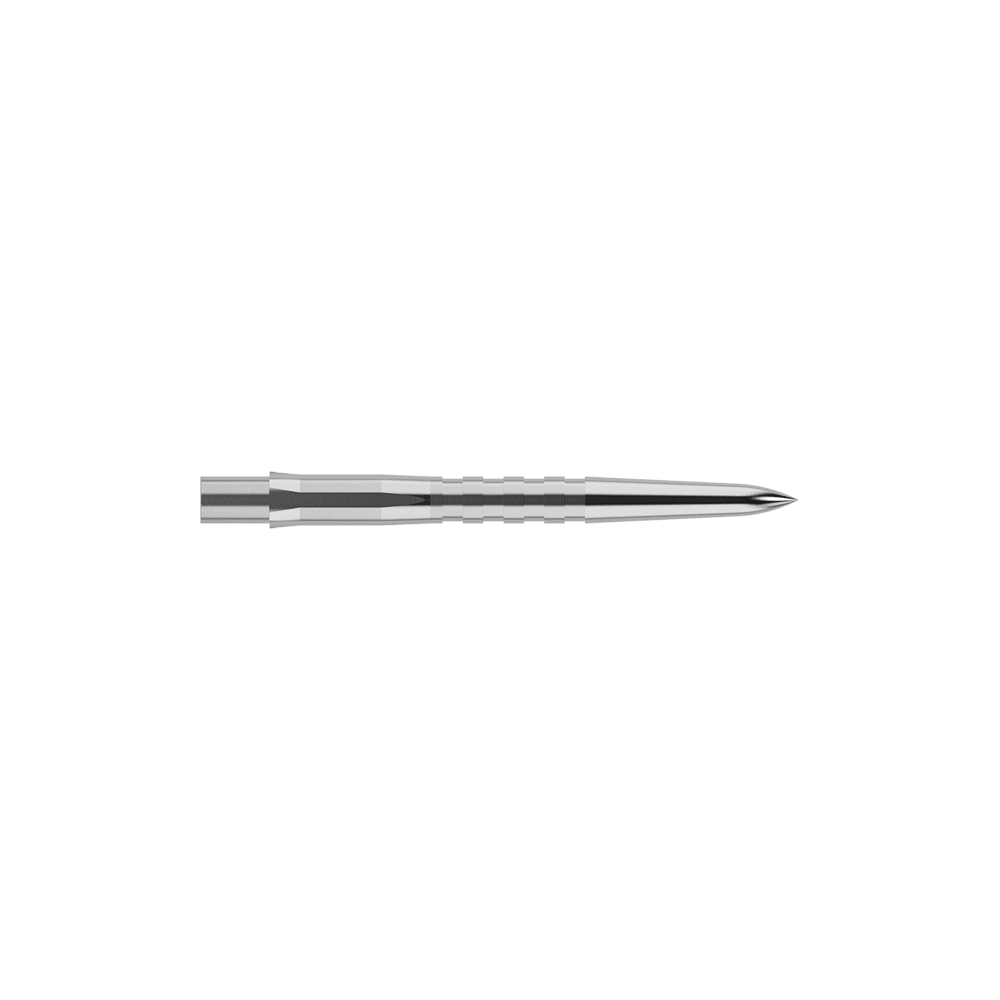 Mission Caliburn EVO Dart Tips - Grooved - Silver Auf dem Bild ist eine silberne, gerillte Steeldartspitze zu sehen. Sie ist schmal, lang und hat eine spitze Vorderseite.