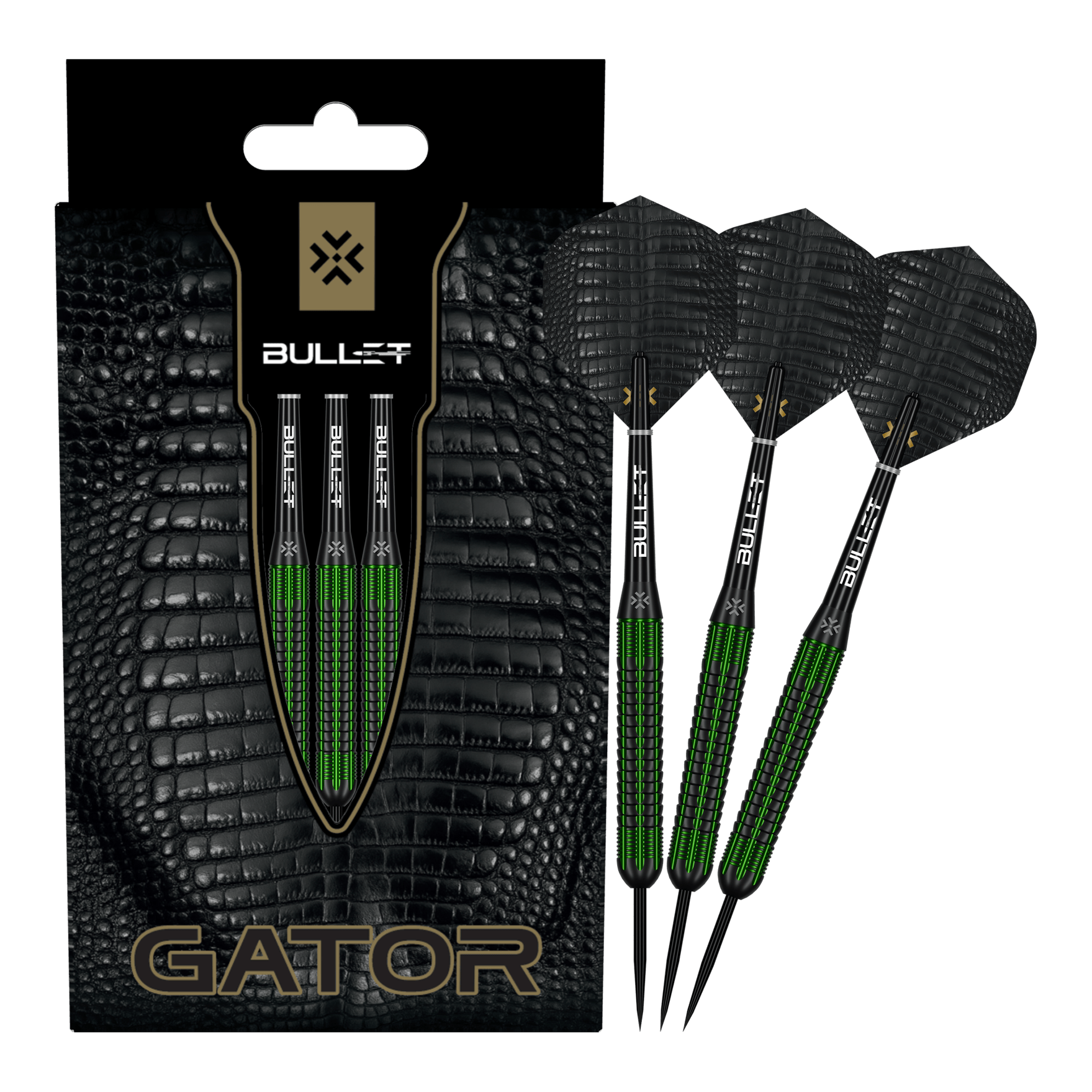 Bullet Gator Brass Steel Darts - 22g Zu sehen sind die Bullet Gator Brass Steeldarts - 22g in voller Ansicht. Sie sind aus Messing gefertigt und wiegen 22 Gramm.