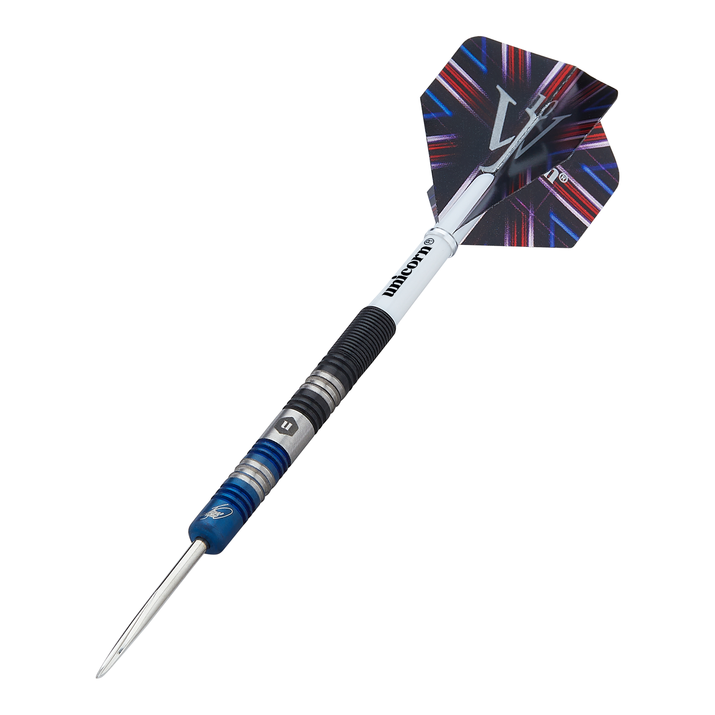 Unicorn The Machine James Wade Two-Tone Steel Darts Das Bild zeigt einen Steeldart namens "Unicorn The Machine James Wade Two-Tone". Der Dart hat ein auffälliges Design mit abwechselnden blauen und silbernen Ringen sowie einem farbigen Flight.