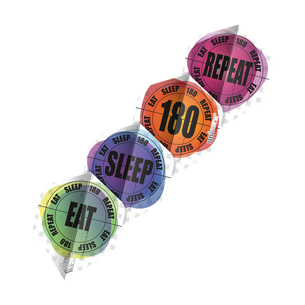 Das Bild zeigt vier verschiedene Dart-Flights mit den Aufschriften "EAT", "SLEEP", "180" und "REPEAT". Jeder Flight hat eine eigene Farbe und das Motiv ist kreisförmig gestaltet.