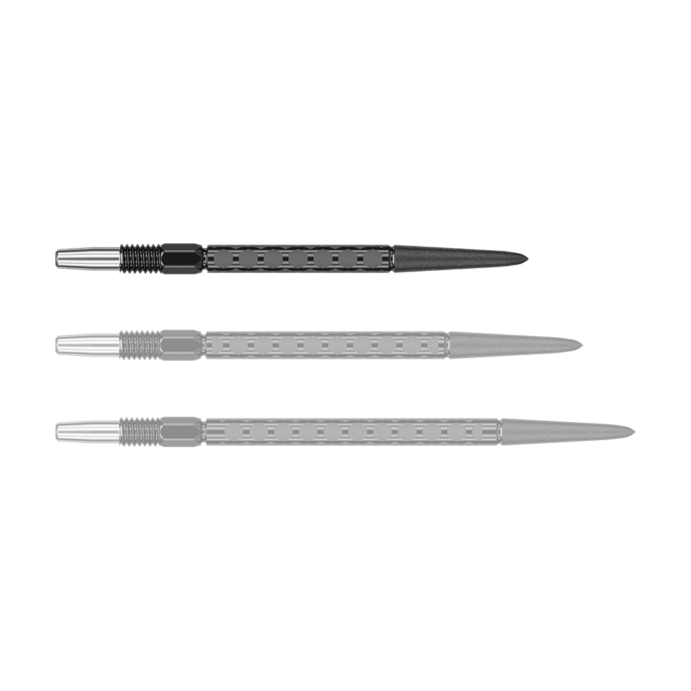 Target Swiss FLT Point Dart Tips - Black Eine schwarze Dartspitze ist einzeln zu sehen. Die Spitze liegt waagerecht.
