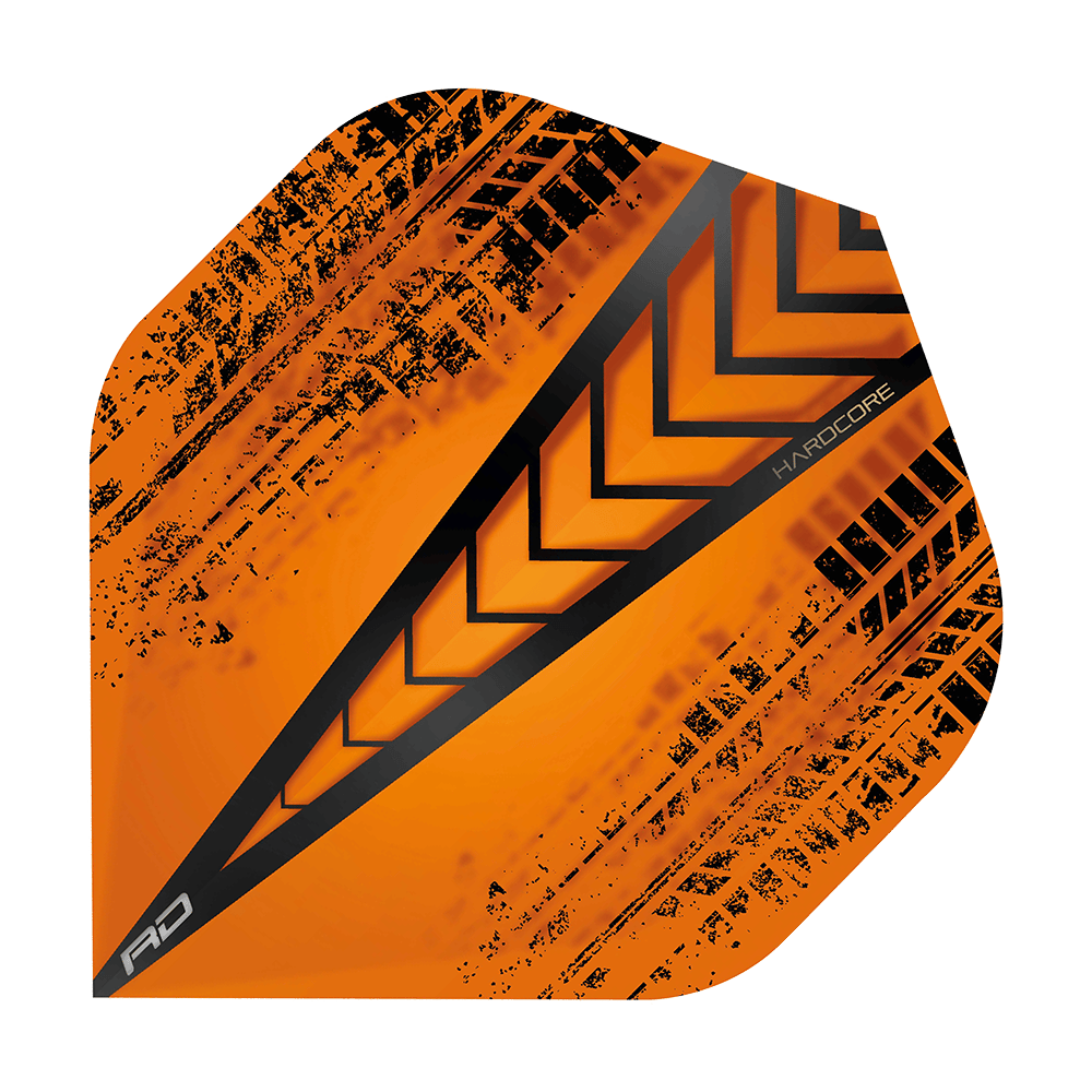 Das Bild zeigt ein Hardcore Radical Orange Standard Flight von Red Dragon. Es hat ein auffälliges orangefarbenes Design mit schwarzen Pfeil- und Musterakzenten.