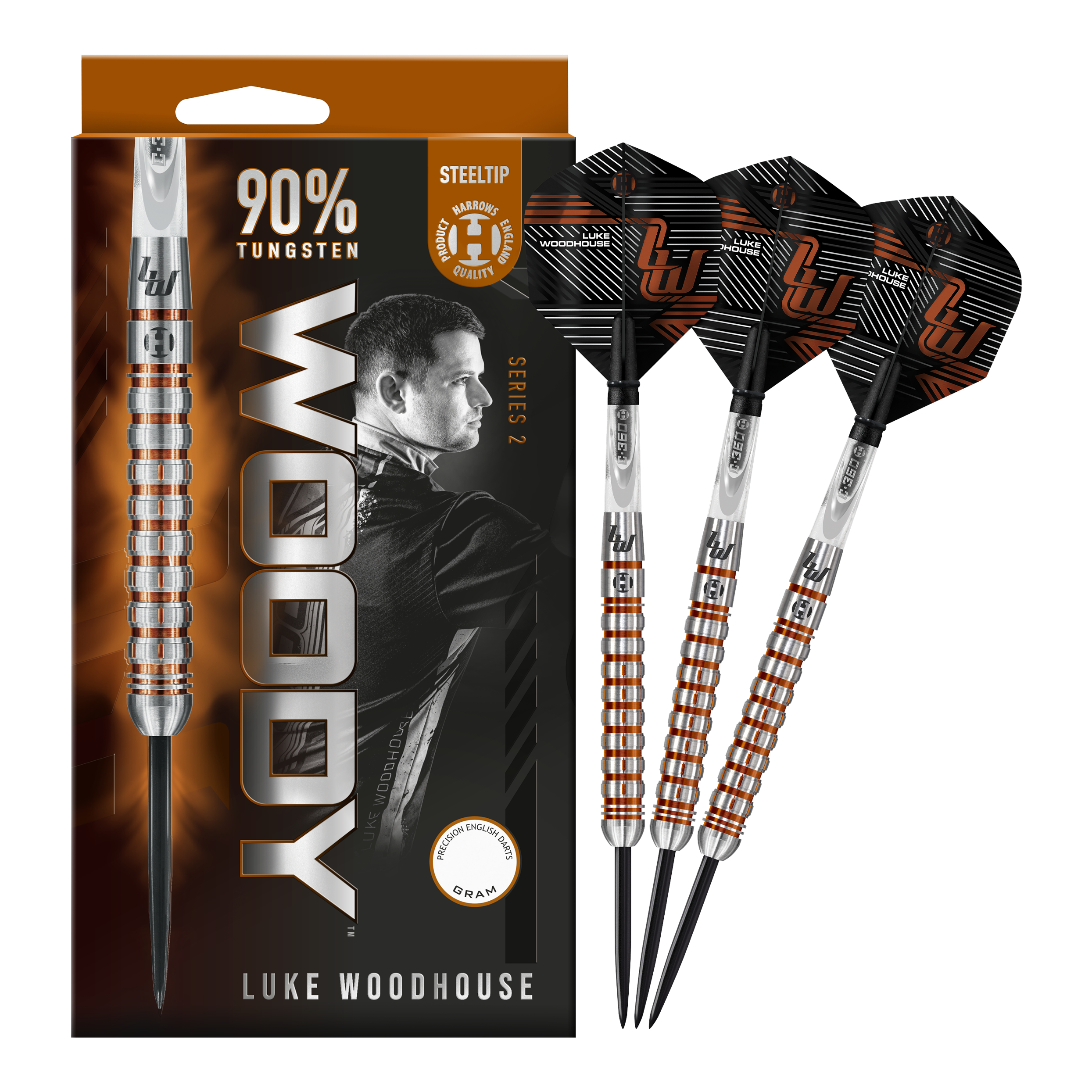 Harrow's Luke Woodhouse Series 2 steel darts Auf dem Bild sind die Harrows Luke Woodhouse Series 2 Steeldarts zu sehen. Die Verpackung zeigt das Dart-Design sowie ein Porträt von Luke Woodhouse und die Aufschrift "90% Tungsten".