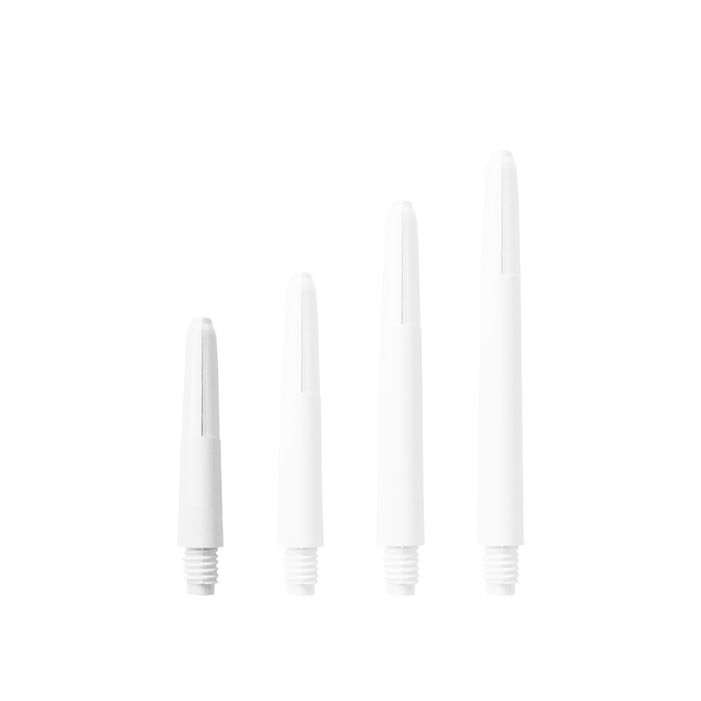 Das Bild zeigt vier Nylon Shafts in Schneeweiß, die in unterschiedlichen Längen angeordnet sind. Sie haben ein Schraubgewinde an einem Ende.