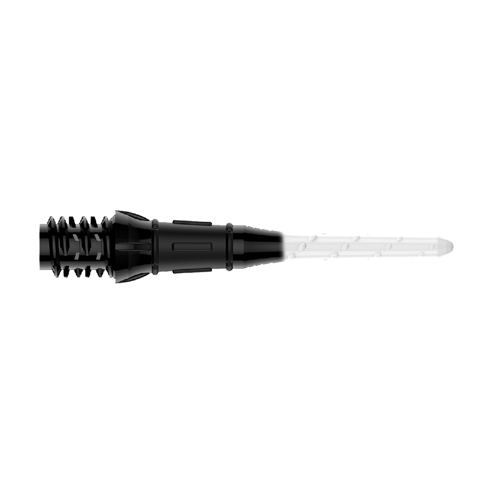 L-Style Premium Two Tone Lippoints (Pack of 30) Das Bild zeigt eine schwarze und weiße Dartspitze mit einem zweifarbigen Design. Die linke Seite ist schwarz und die rechte Seite ist weiß.