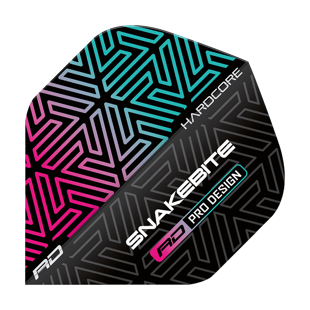 TF6822_Red_Dragon_Hardcore_Peter_Wright_Snakebite_Black-Rainbow_Standard_Flights_1Olt2roLBVEour Dieses Bild zeigt ein Dartflight mit einem schwarzen, regenbogenfarbenen Muster. Auf dem Flight stehen die Wörter "Snakebite", "Hardcore" und "Pro Design".