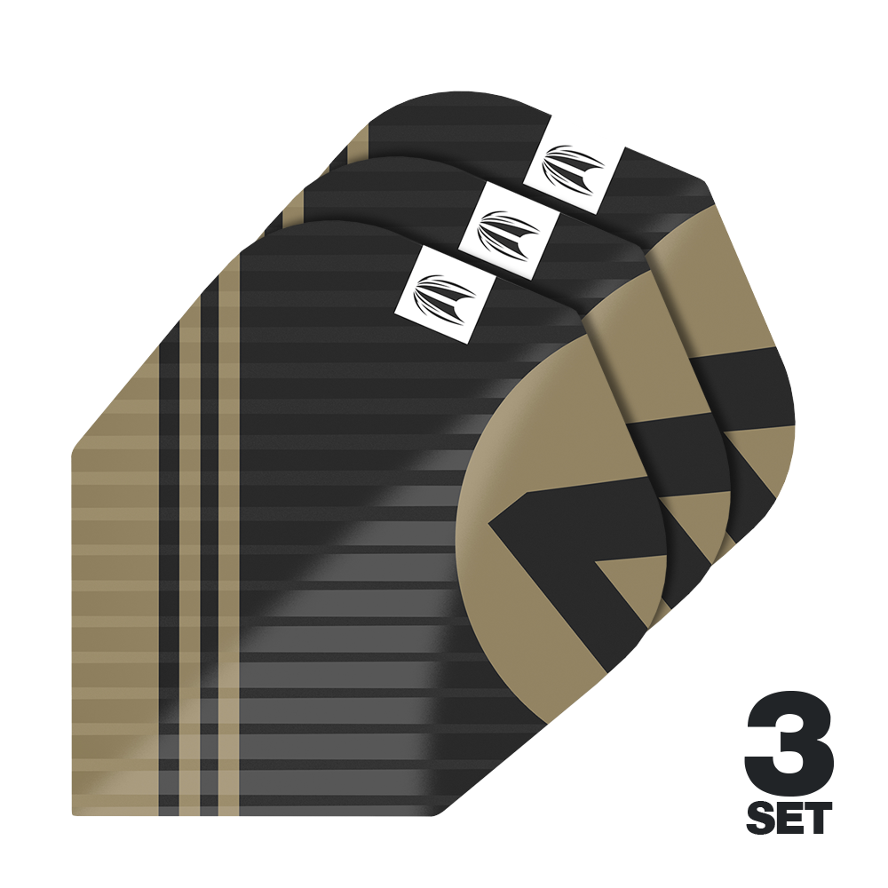 Target Pro Ultra Chicane Black No6 Flights - 3 Sets Das Bild zeigt die "Target Pro Ultra Chicane Black No6 Flights" in einem schwarz-goldenen Design. Es sind insgesamt 3 Sets der Flights abgebildet.