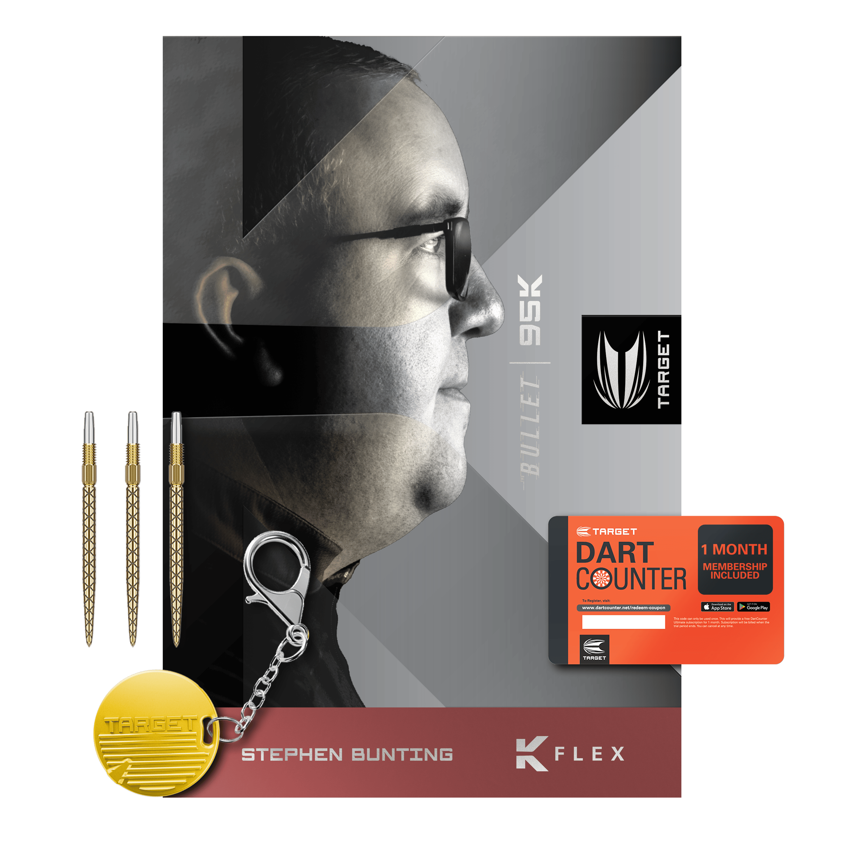 Target Stephen Bunting 95K Swiss Point Steel Darts Das Bild zeigt das Produkt "Target Stephen Bunting 95K Swiss Point Steeldarts" mit drei Dartpfeilen, einem Schlüsselanhänger und einer Dart Counter-Mitgliedskarte. Auf der Verpackung ist ein Porträtfoto von Stephen Bunting abgebildet.