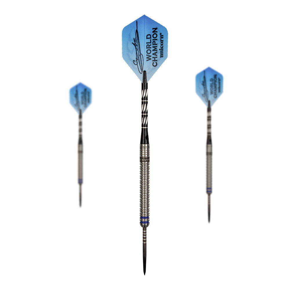 Unicorn World Champion Gary Anderson Phase 3 Steeldarts Auf dem Bild sind drei Steeldarts des Produkts "Unicorn World Champion Gary Anderson Phase 3" zu sehen. Die Flights der Darts sind blau und mit einer Unterschrift sowie der Aufschrift "WORLD CHAMPION unicorn" bedruckt.