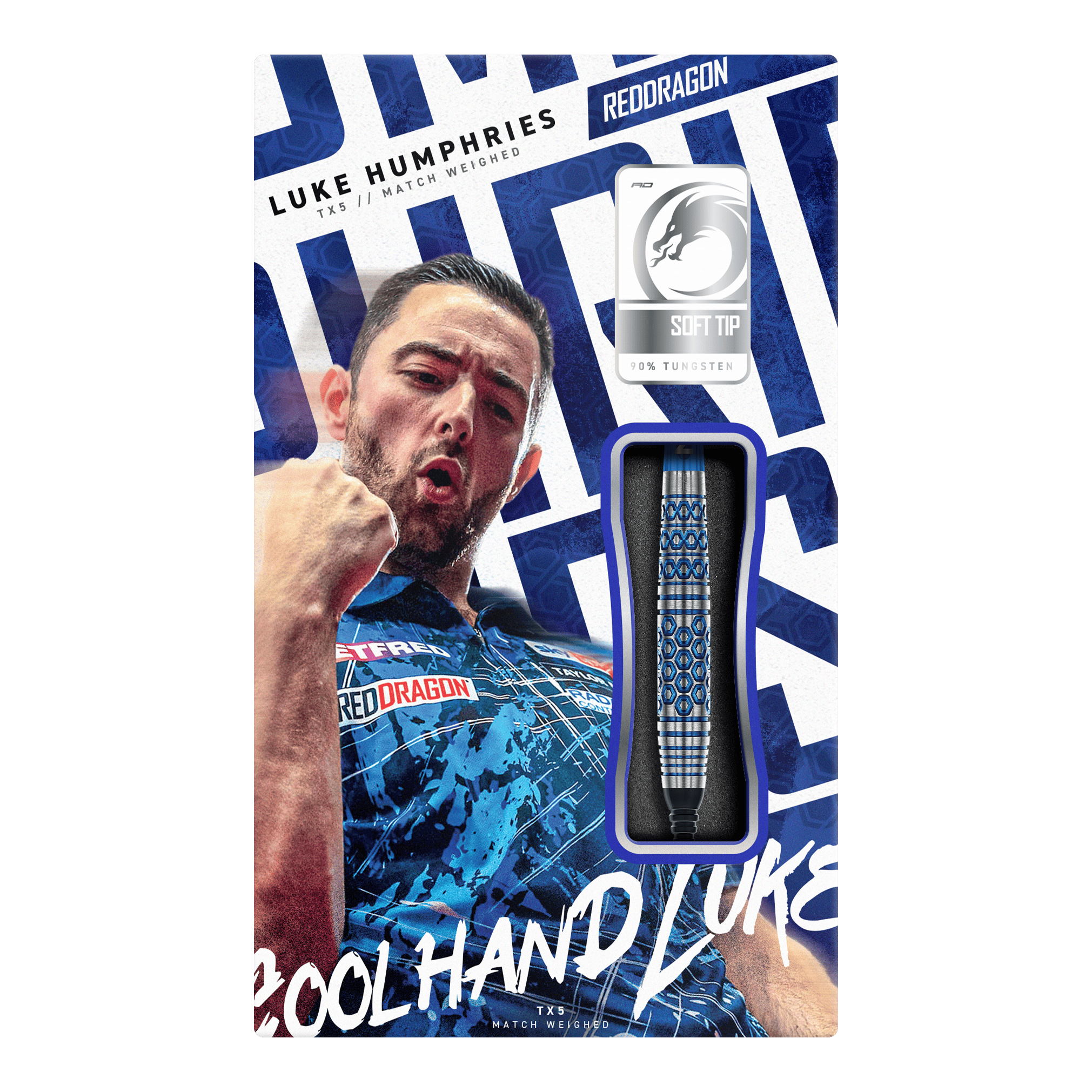 Diese Grafik stellt die Red Dragon Luke Humphries TX5 Softdarts - 20g dar. Es handelt sich um hochwertige Softdarts mit Luke Humphries Design.